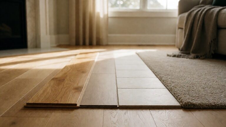 Four residential flooring material samples laid side by side for comparison