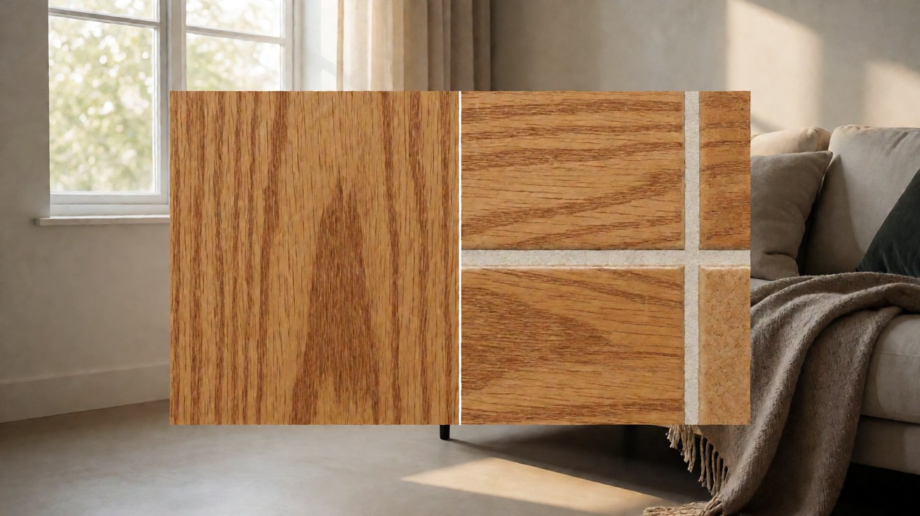 Cross-cut view of a laminate plank revealing the lighter HDF core and finished wear layer