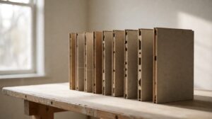 Cut flooring panels standing on edge showing different core constructions