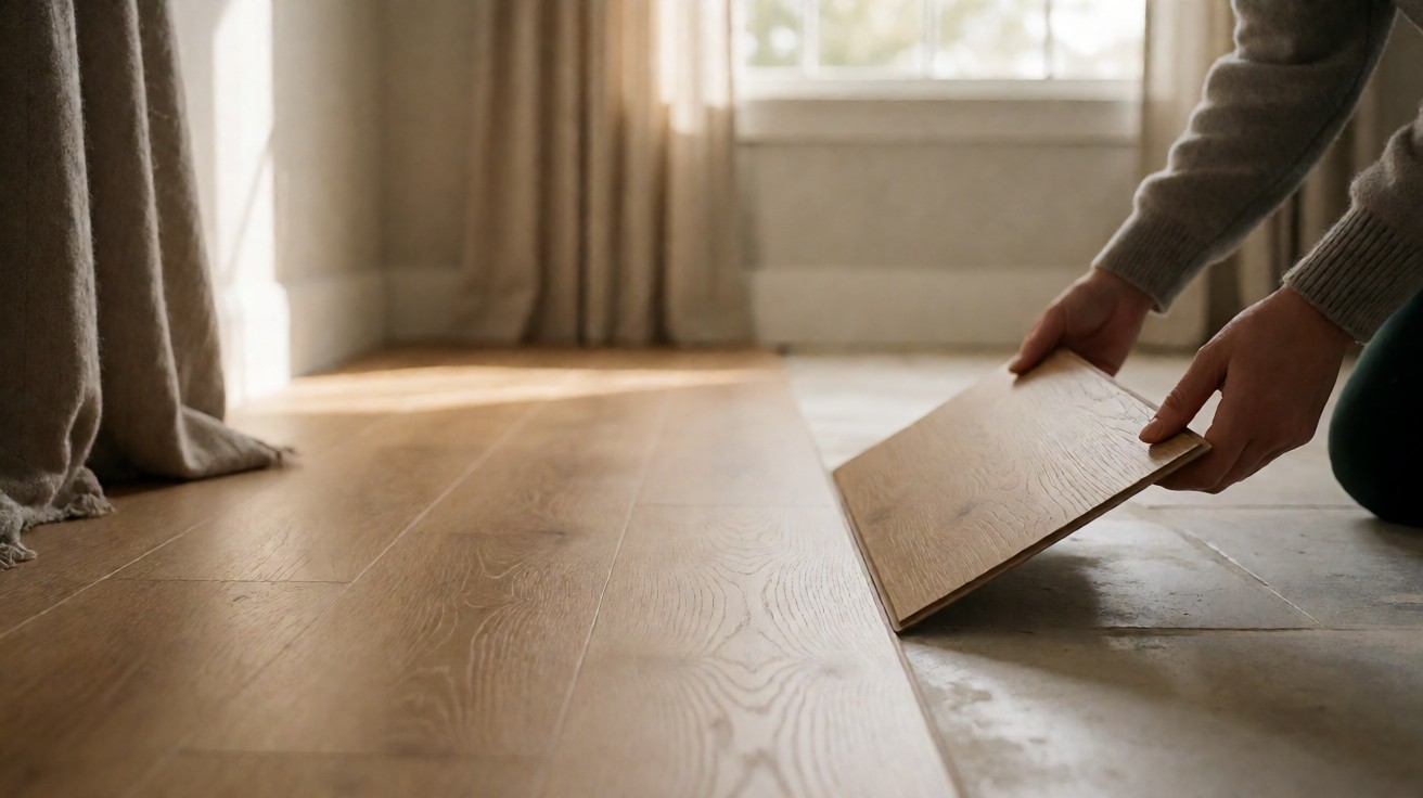 Installer pressing a light-oak click-lock vinyl plank into place on a prepared subfloor