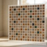 Mosaic tile sheet on mesh backing showing small ceramic squares in grid pattern