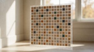 Mosaic tile sheet on mesh backing showing small ceramic squares in grid pattern