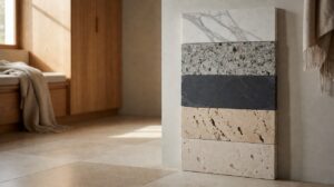Five natural stone tile samples mounted vertically on a sample board, marble through limestone