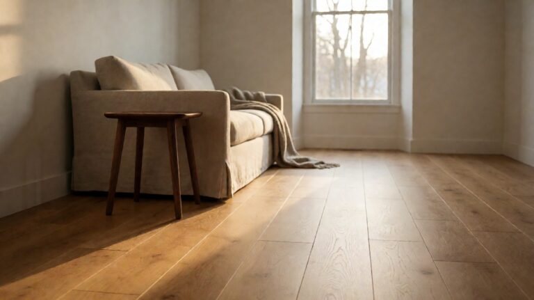 Solid white oak plank hardwood floor installed in a renovated living room with warm daylight