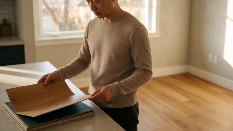 Person examining a vinyl plank sample by hand, inspecting the layers