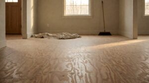 An empty room with bare subfloor after the furniture has been moved out
