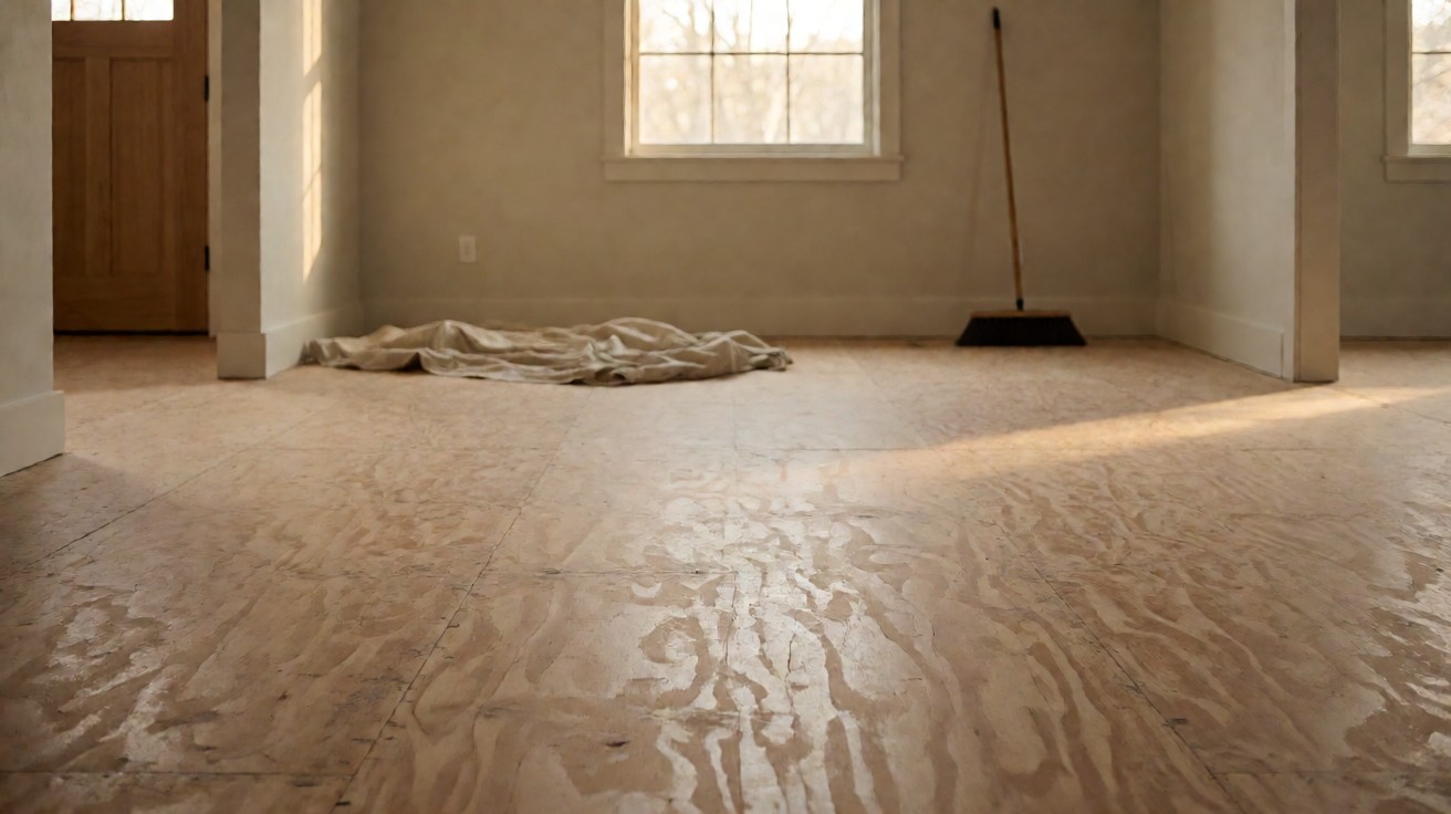 An empty room with bare subfloor after the furniture has been moved out
