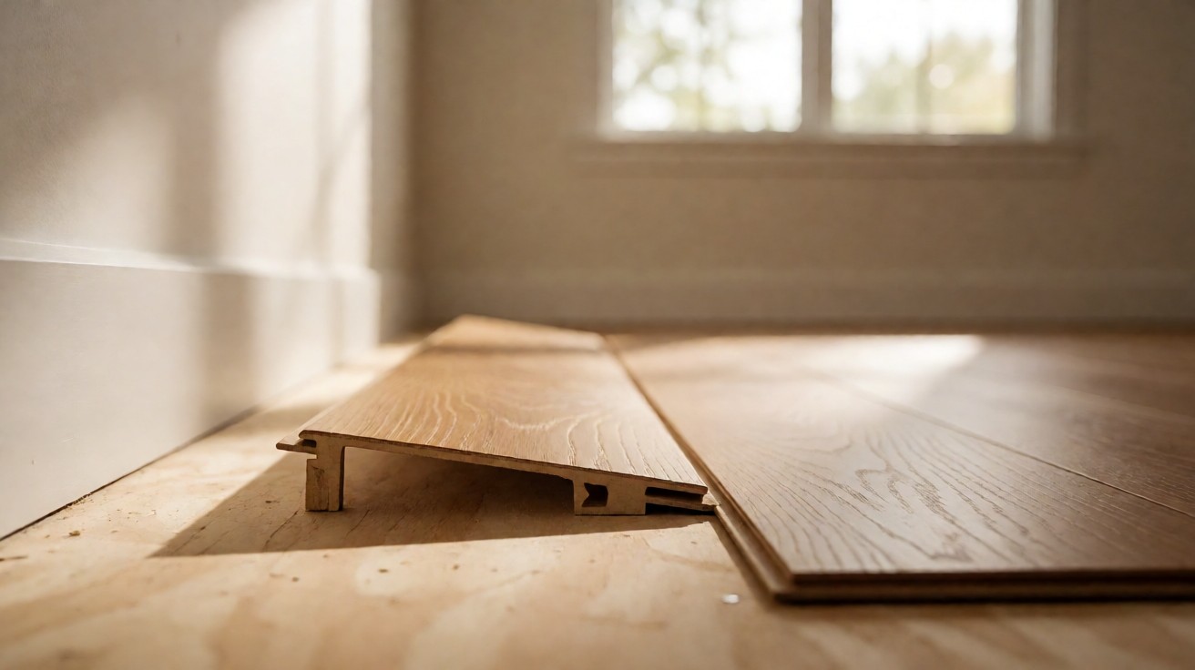 A laminate plank lifted at the edge to show its cross-section