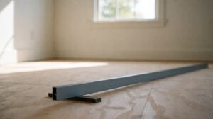 A plain straightedge across a bare subfloor with a shim showing the height difference