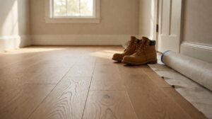 Work boots on a freshly installed floor with the protection still rolled up