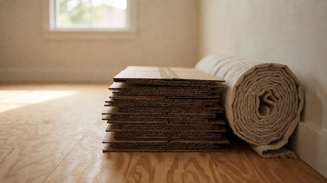 Cardboard boxes and a rolled drop cloth stacked against a wall beside a bare floor