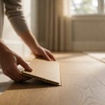 Hands locking the last plank row of a laminate floor into place
