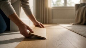 Hands locking the last plank row of a laminate floor into place