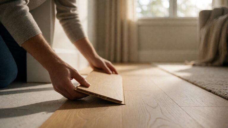 Hands locking the last plank row of a laminate floor into place
