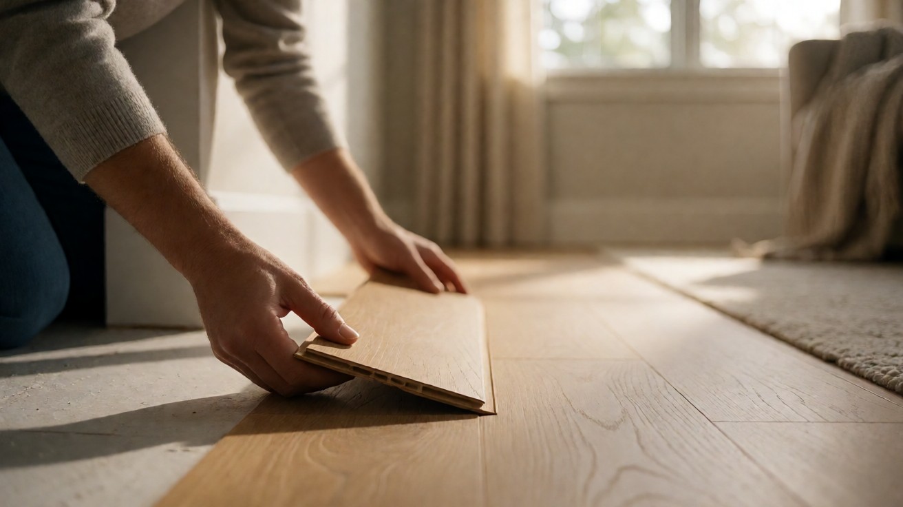 Hands locking the last plank row of a laminate floor into place