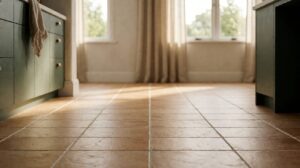 Porcelain tile floor in a bright kitchen with warm daylight