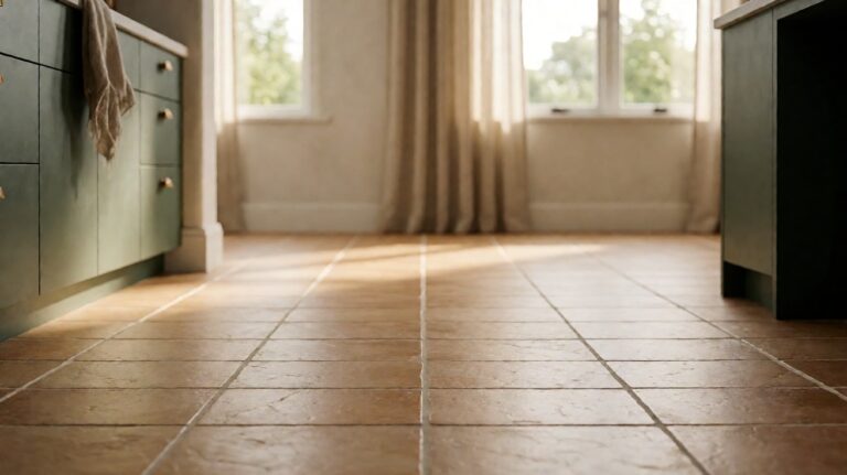 Porcelain tile floor in a bright kitchen with warm daylight