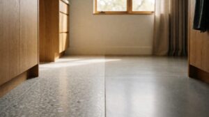 Light grey terrazzo with marble chips next to plain polished concrete, a material contrast