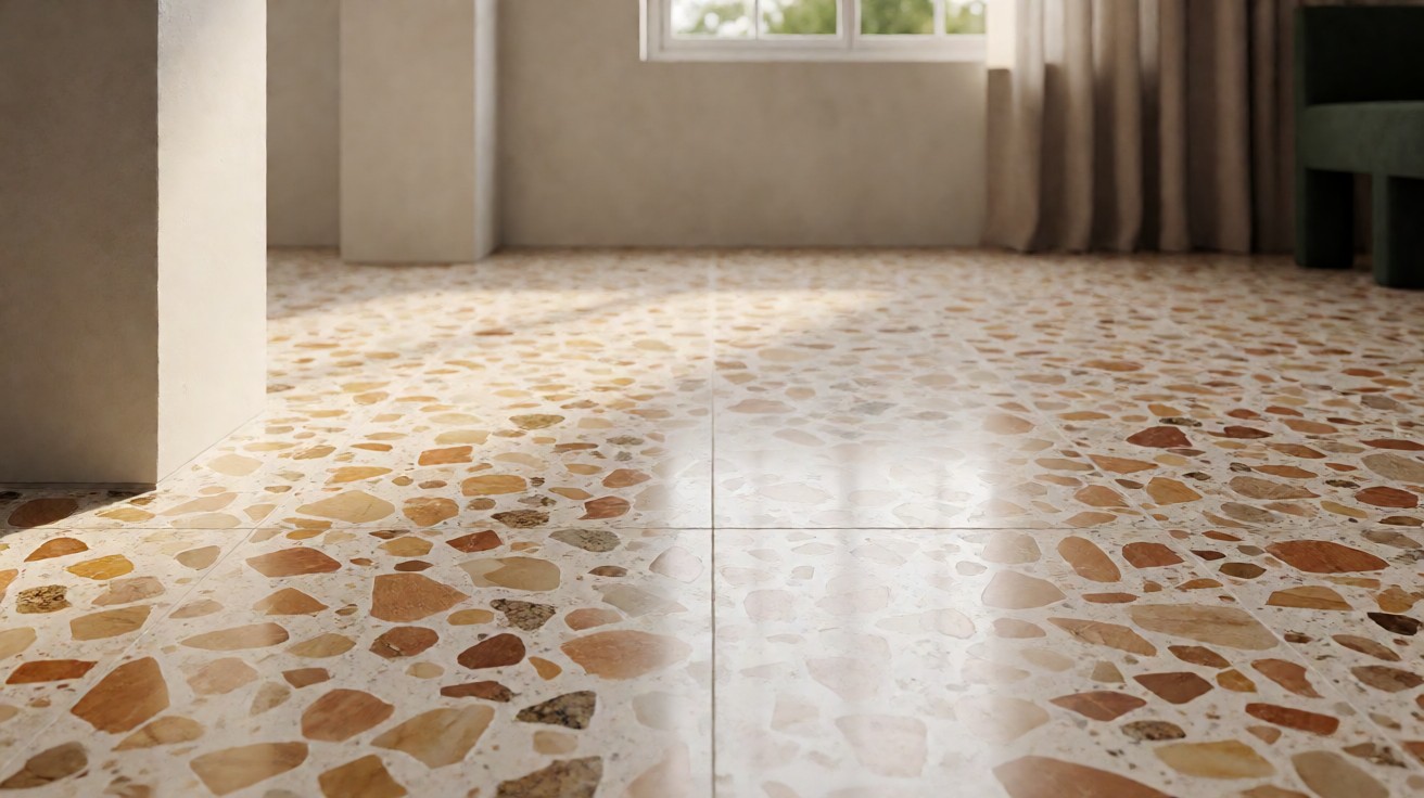 Polished terrazzo floor showing exposed marble and granite chips in pale binder