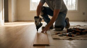 A professional floor installer kneeling on a hardwood floor using a floor nailer