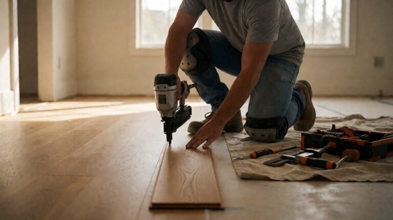 A professional floor installer kneeling on a hardwood floor using a floor nailer