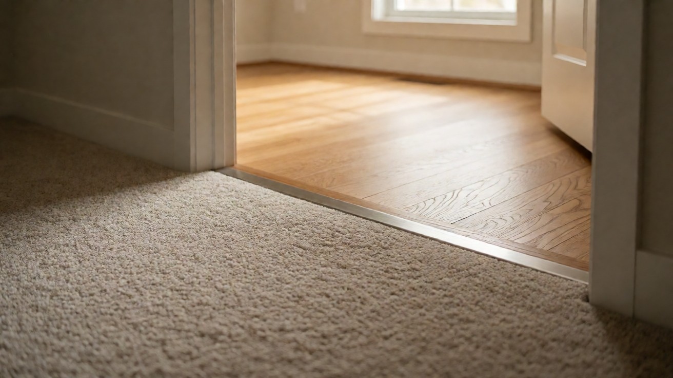 Bedroom threshold where wall-to-wall carpet meets a hallway oak wood floor with a transition strip