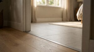 A doorway where two floor coverings meet with a slim metal transition strip