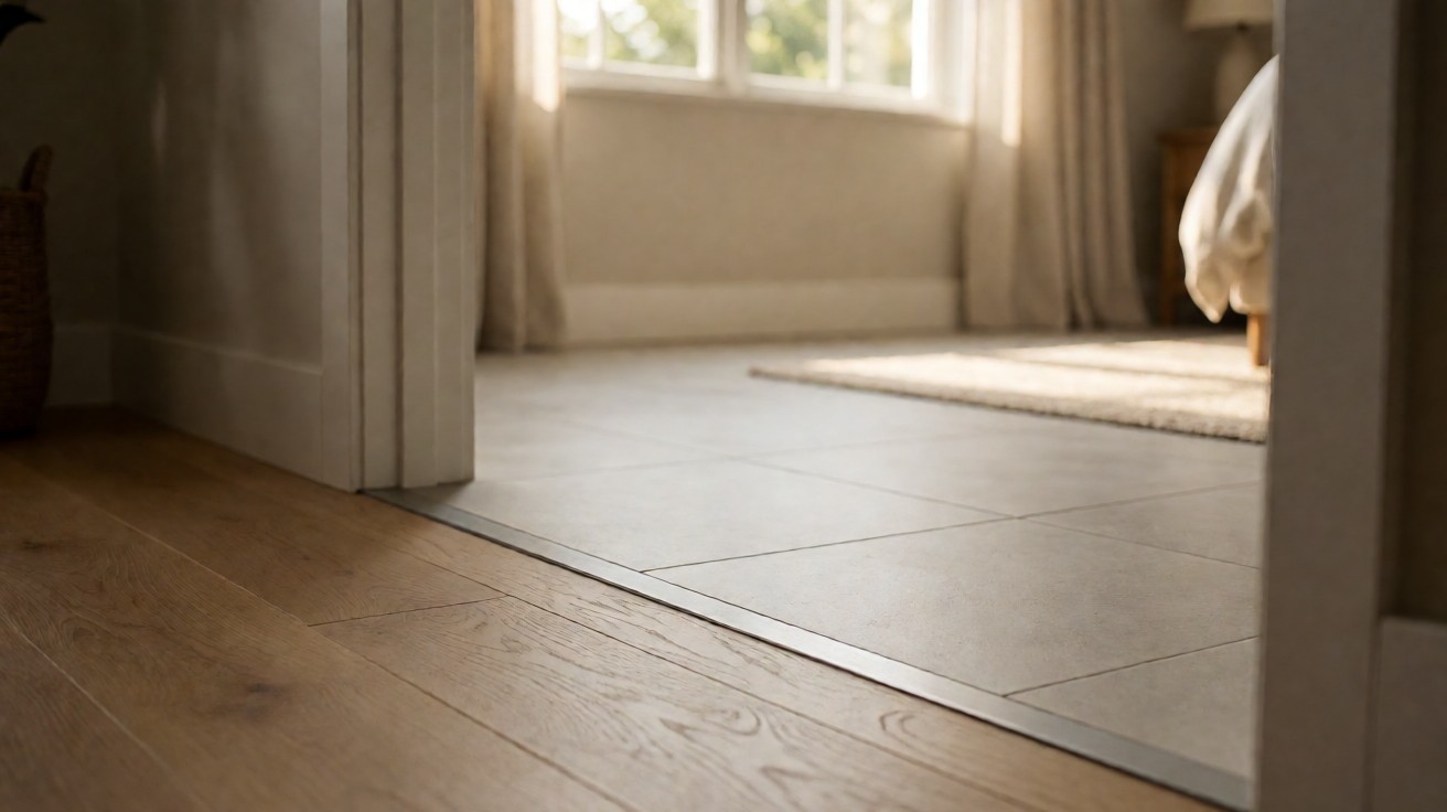 A doorway where two floor coverings meet with a slim metal transition strip
