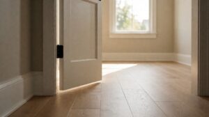 A room with plank flooring running up to a white door casing