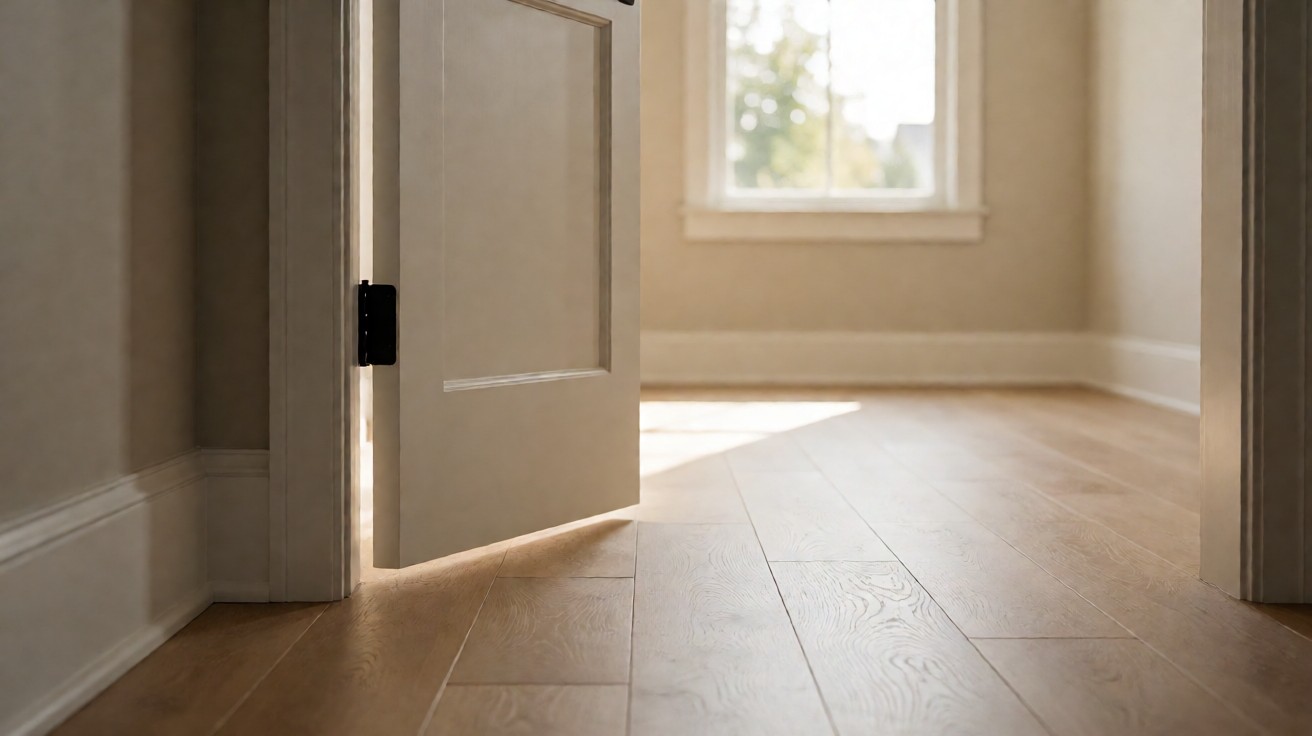 A room with plank flooring running up to a white door casing