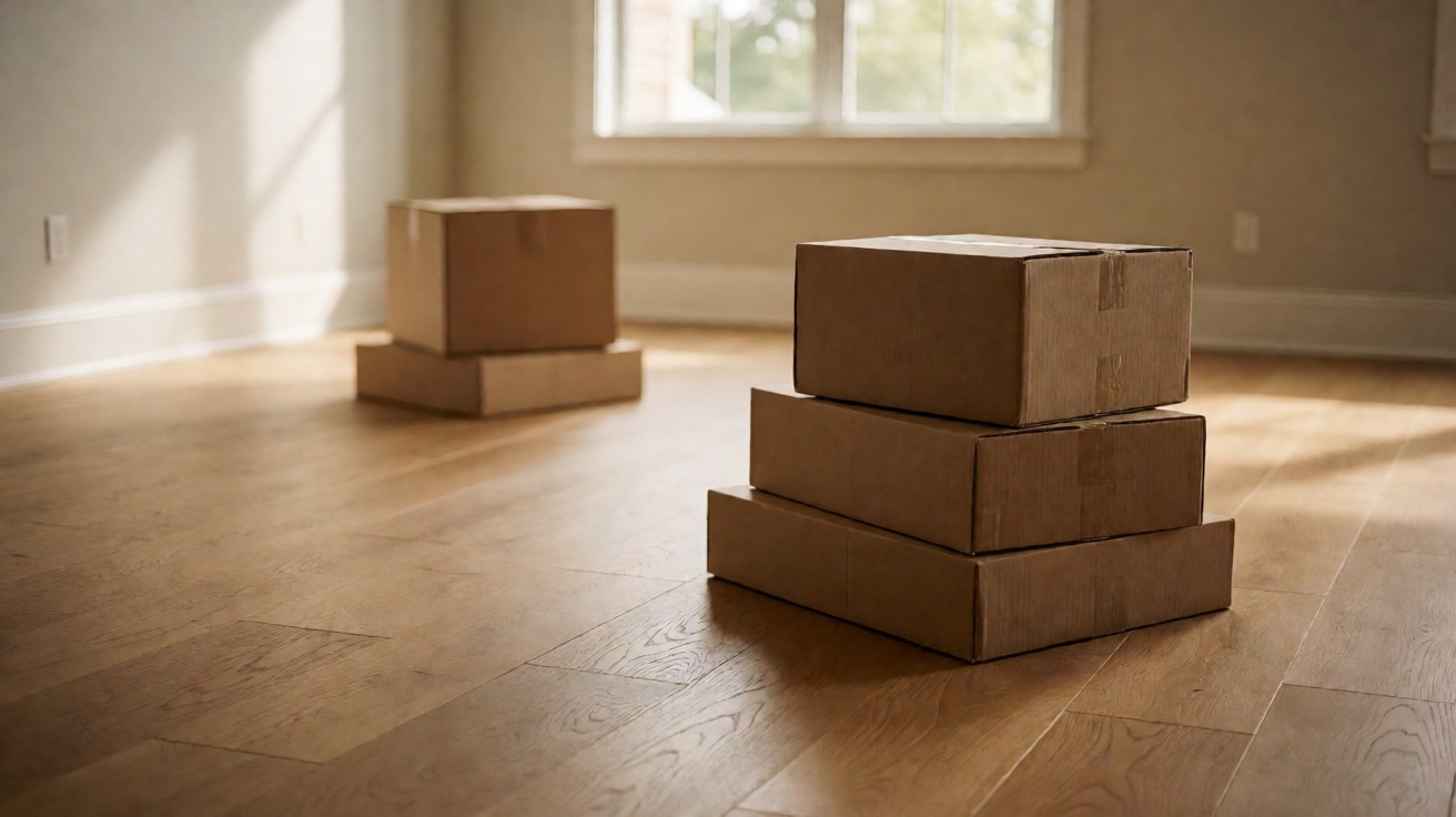 Blank cartons of flooring stacked in the middle of an empty room