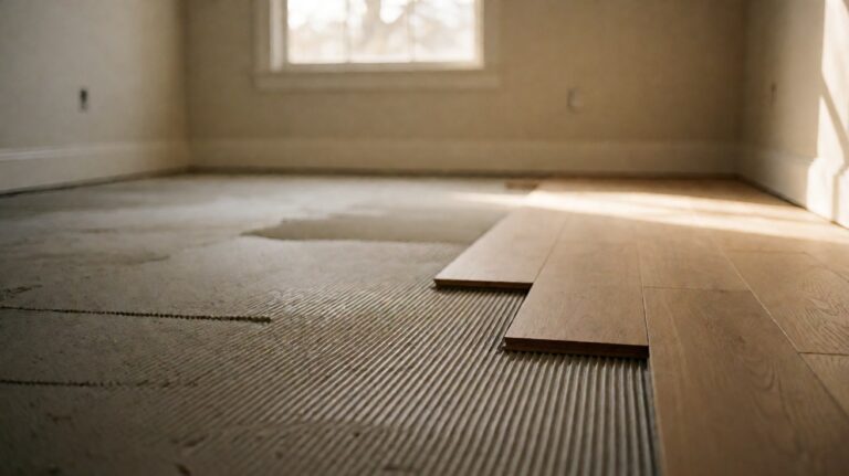 Adhesive spread in ridges on a subfloor beside laid planks