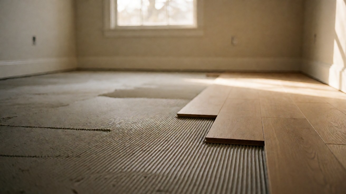 Adhesive spread in ridges on a subfloor beside laid planks