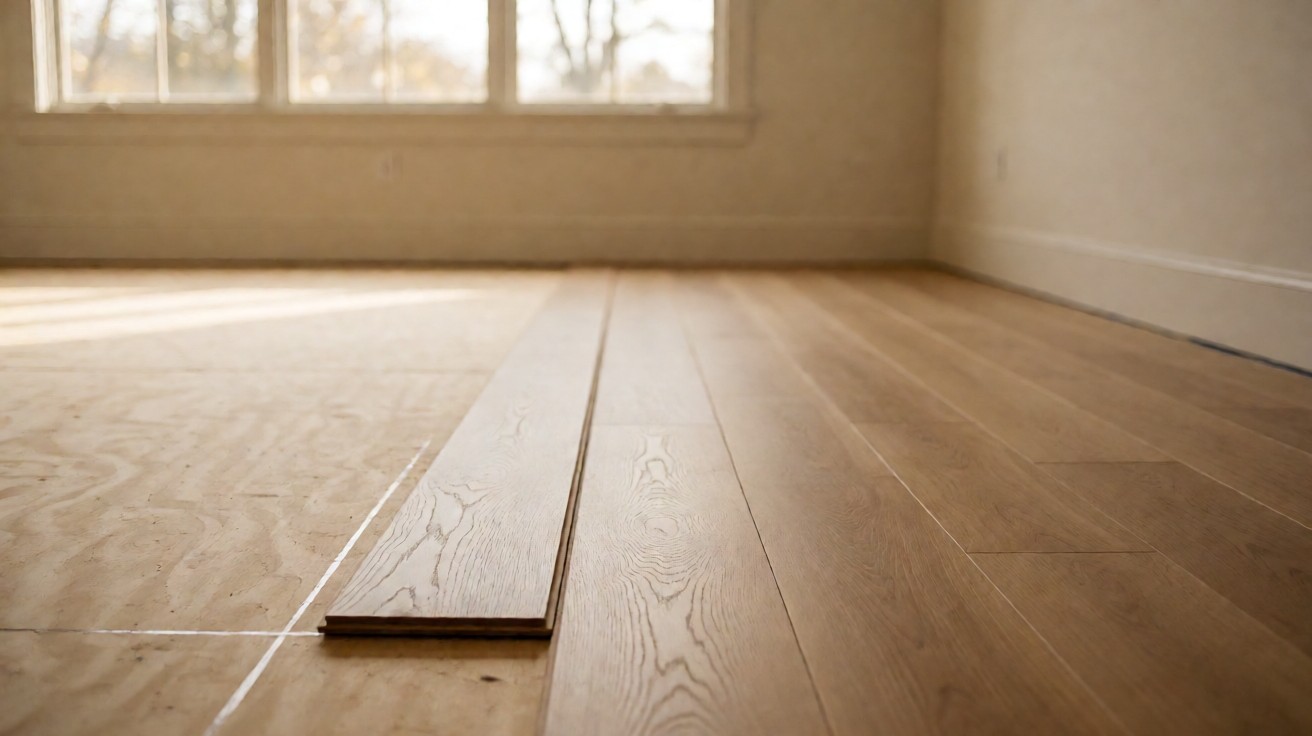 Hardwood planks fastened in rows over a plywood subfloor