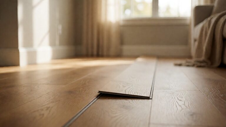 Rigid core vinyl plank with the click-together interlocking edge visible in close-up