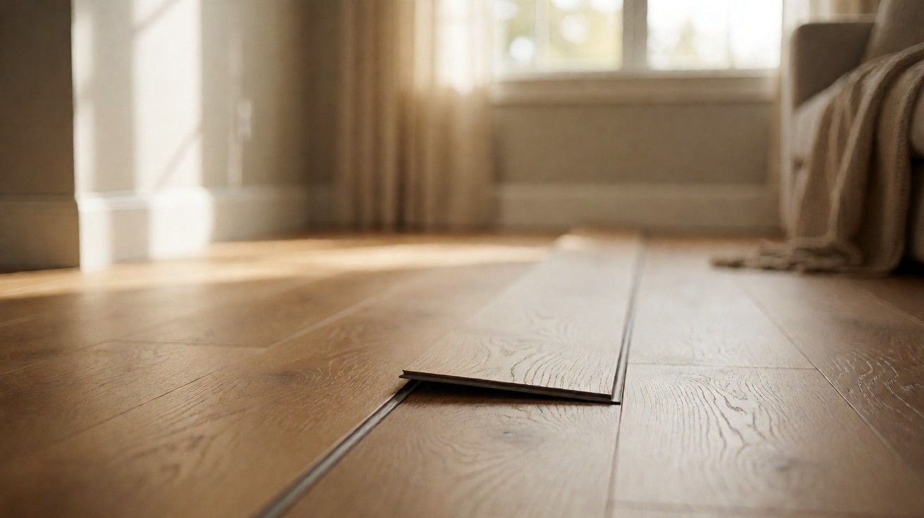 Rigid core vinyl plank with the click-together interlocking edge visible in close-up