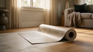 A roll of sheet vinyl flooring partially unrolled showing the continuous sheet format