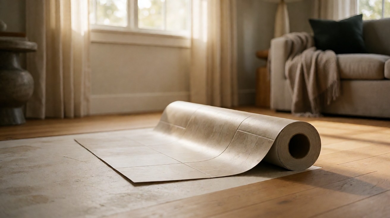 A roll of sheet vinyl flooring partially unrolled showing the continuous sheet format