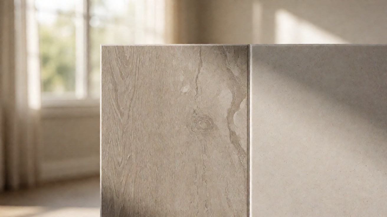 Two stone-look surfaces side by side showing scratch marks that read differently on each