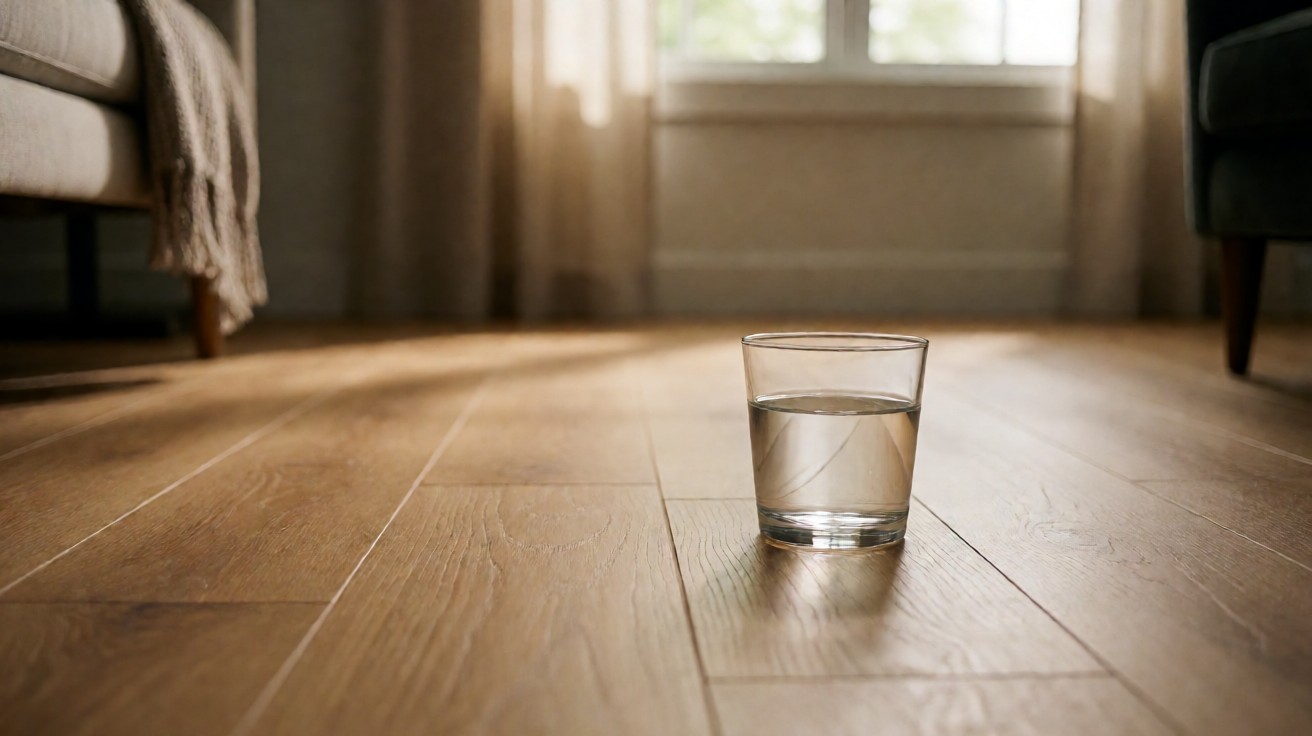 Water droplets beading on the sealed surface of a wood-look laminate plank