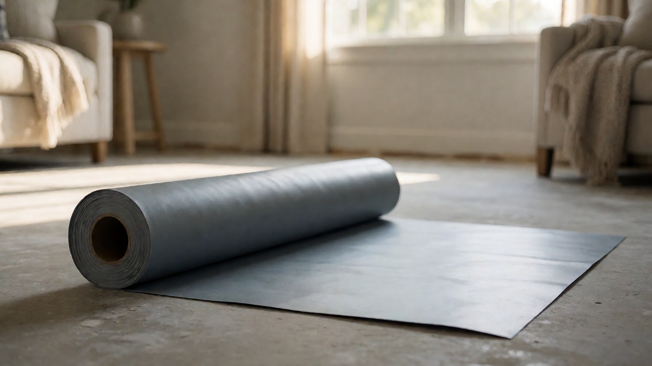 Grey sheet vinyl roll partially unrolled over a concrete subfloor