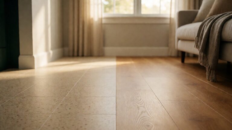 Natural beige speckled linoleum next to smooth synthetic vinyl plank, a material contrast