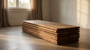 Stack of weathered reclaimed oak floorboards with patina and old nail holes