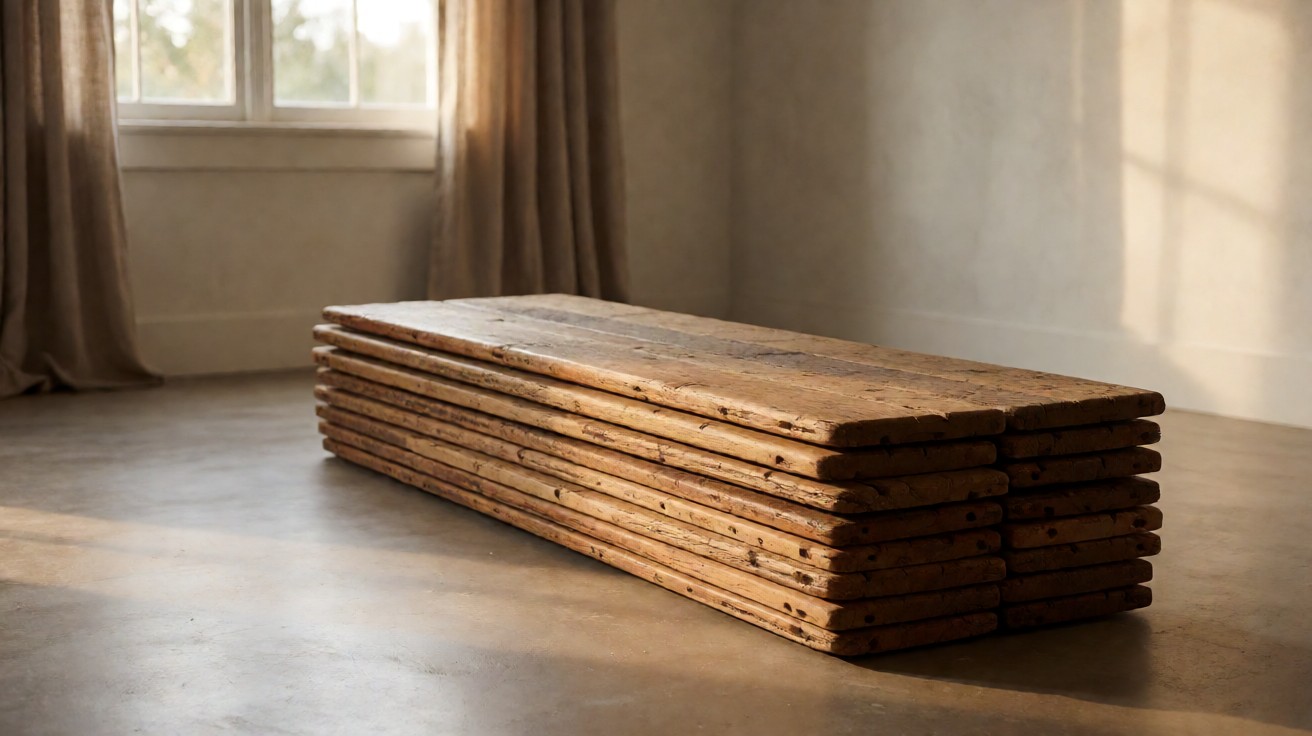 Stack of weathered reclaimed oak floorboards with patina and old nail holes
