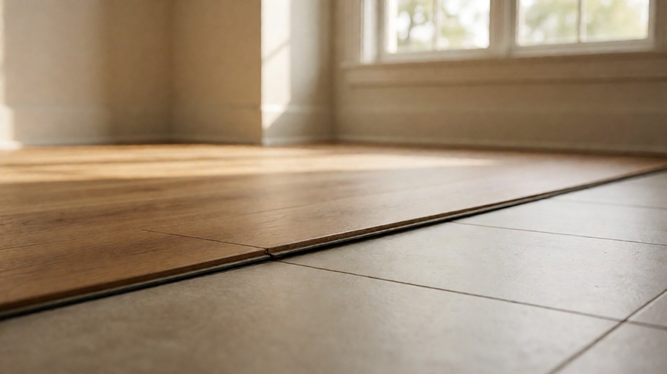 A water-damaged laminate plank edge swelling and lifting at the joint, exposing the stained core