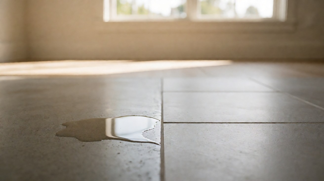 Melt water spreading across polished concrete beside a large format porcelain tile floor