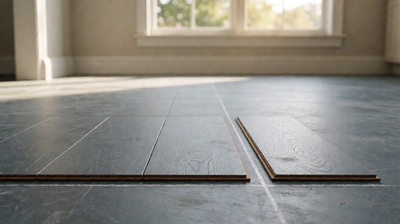 A chalk snap-line across a floor with whole and cut planks laid beside it