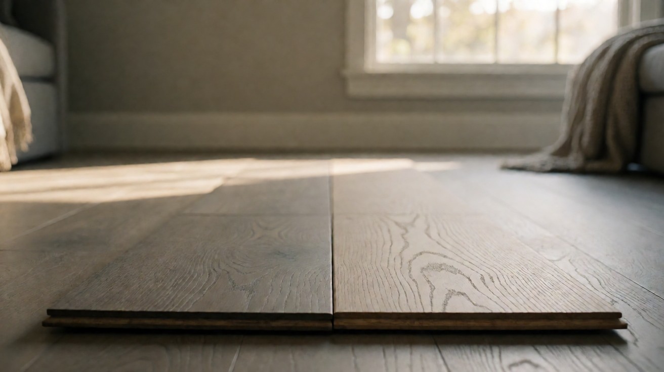 One weathered grey hardwood board next to one clean pale replacement board