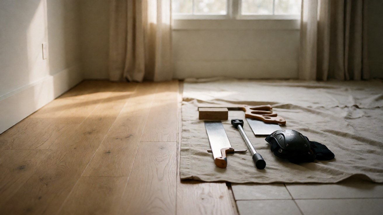 Installation tools laid out on a drop cloth beside a partly finished plank floor