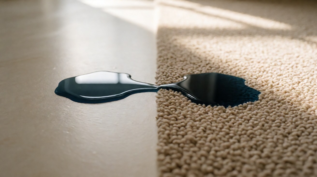 A dark liquid sitting beaded on a vinyl plank beside the same liquid wicked into carpet pile